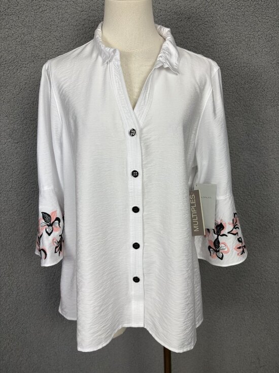 Multiples Tops - Multiples White Button-Up Blouse W/ Embroidered Floral Sleeves Size PM NWT's